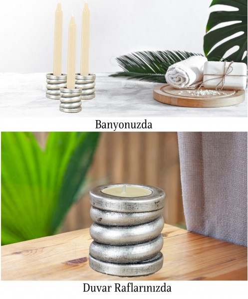 Gümüş Eskitme Mumluk Şamdan 3 Adet Tealight ve İnce Mum Uyumlu Spiral Model